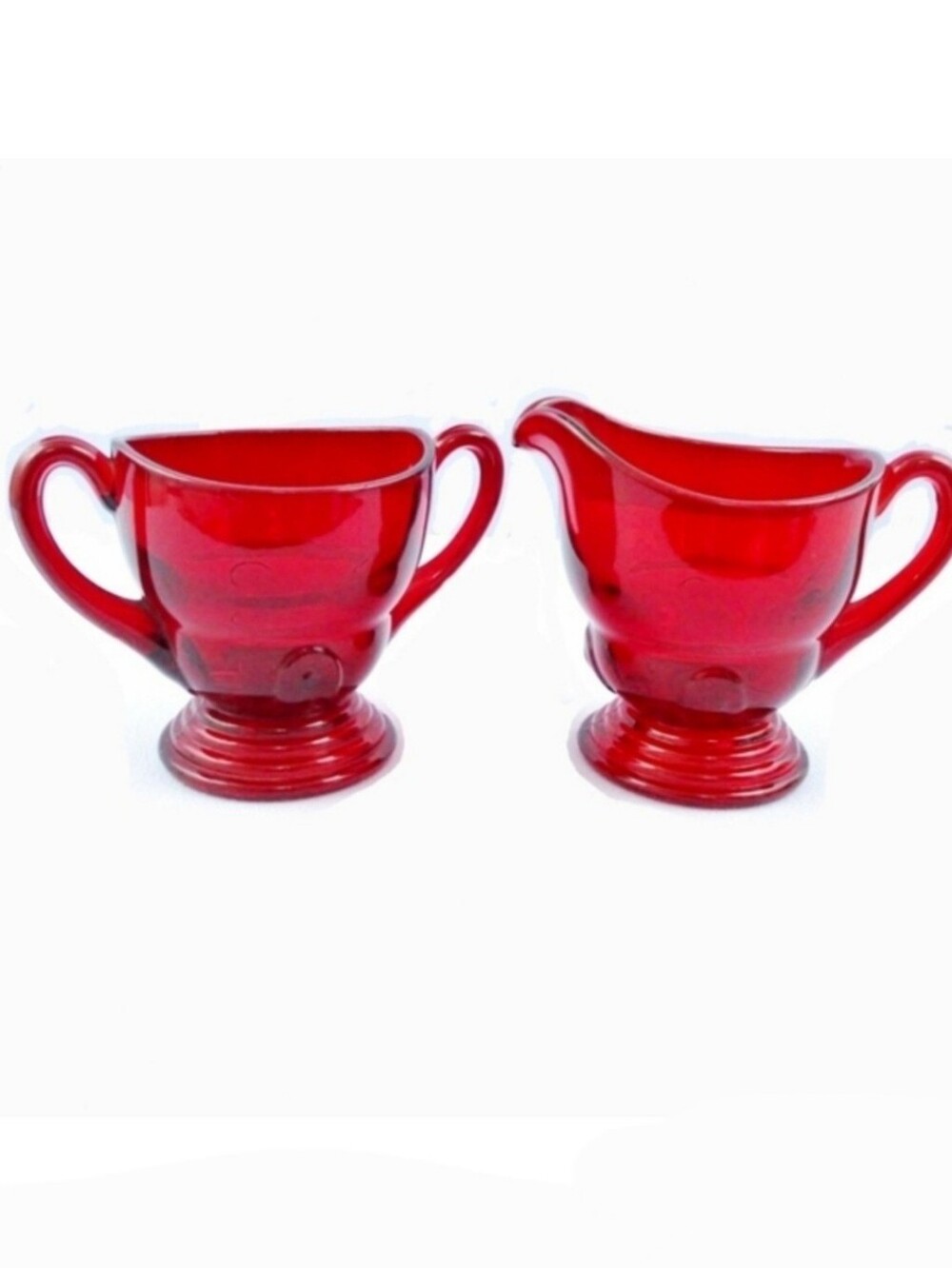 Vintage Martinsville Moonstone Pattern Red Ruby Glass Set Of Creamer And Sugar